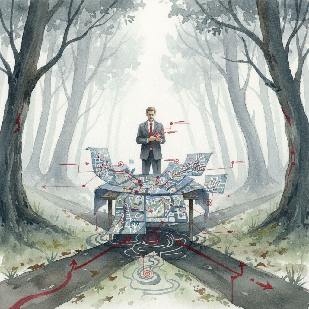 A solitary executive reviews intricate maps on a wooden table within a dense, foggy watercolor forest.