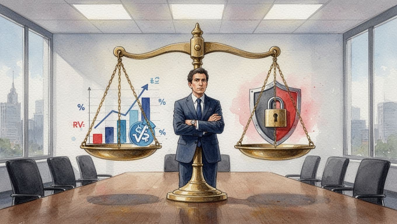 Executive with arms crossed stands before balanced scale in watercolor boardroom: one side business charts and revenue icons, other side shield and lock.