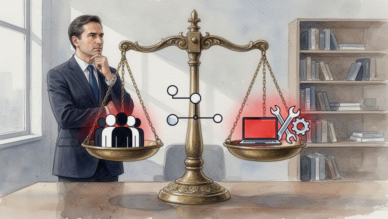 Executive stands before balanced ornate scale with people silhouettes, process flowchart, and tools icons in watercolor office.