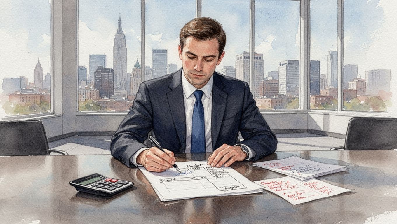 Thoughtful executive sketches budget on paper at conference table with calculator and notes, modern boardroom city view.