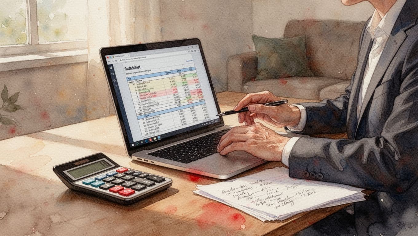 Executive reviews budget spreadsheet on laptop in home office with calculator and notes nearby, watercolor style.