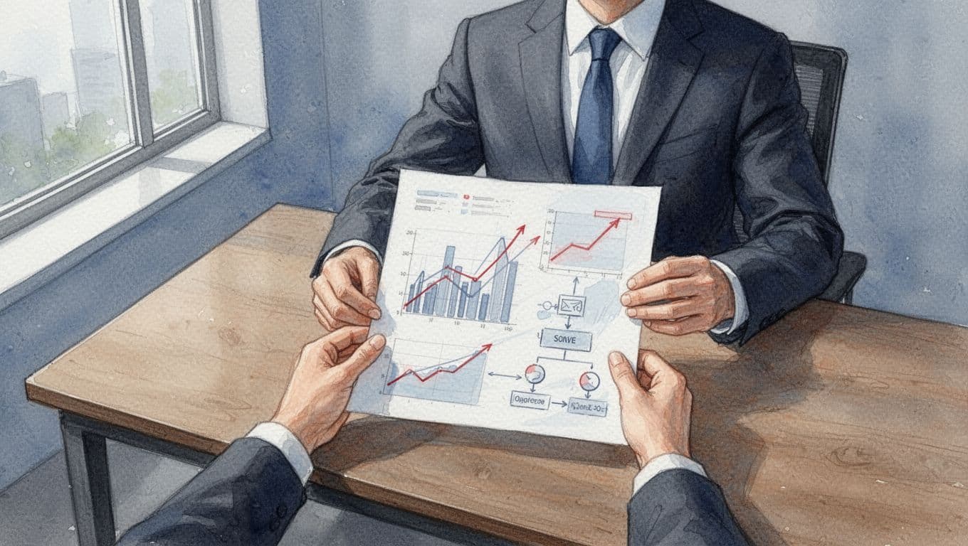 Confident executive at wooden desk holds document with blended revenue charts and tech diagrams connected by arrows, watercolor style.