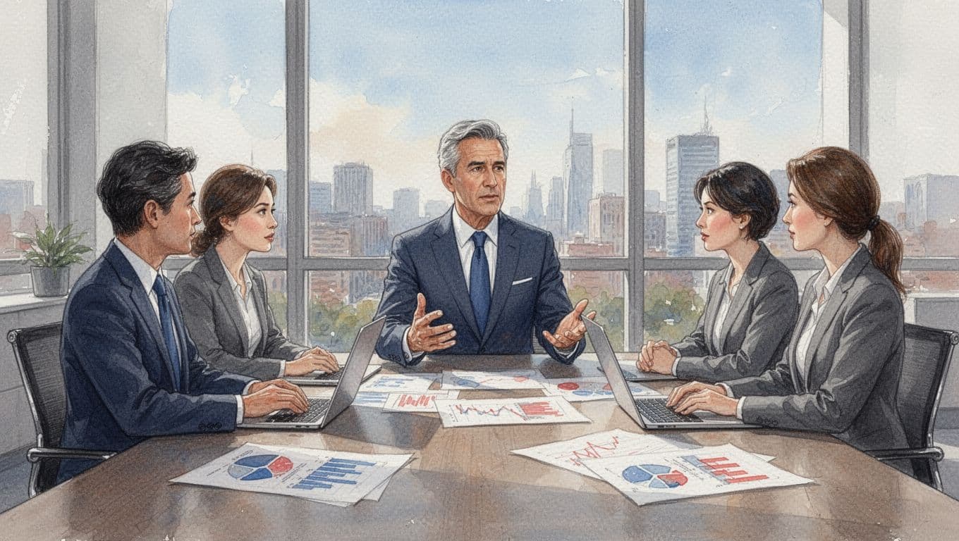 Executive in business attire stands at conference table calming three upset team members amid scattered charts and laptops in watercolor style.
