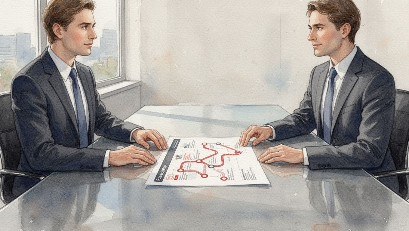 Executive in business attire and CEO across modern conference table review simple technology roadmap document in watercolor style.