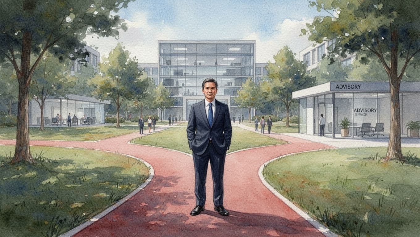 Confident executive stands relaxed at subtle crossroads in serene corporate park, left path to office building, right to advisory space, watercolor style.