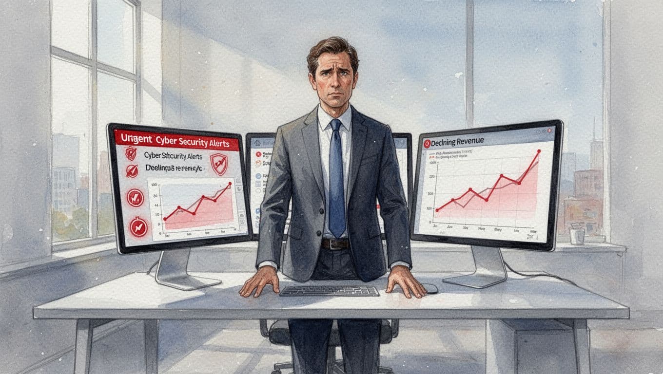 Composed executive stands at modern office desk viewing urgent cyber security alert and declining revenue charts on screens in watercolor style.