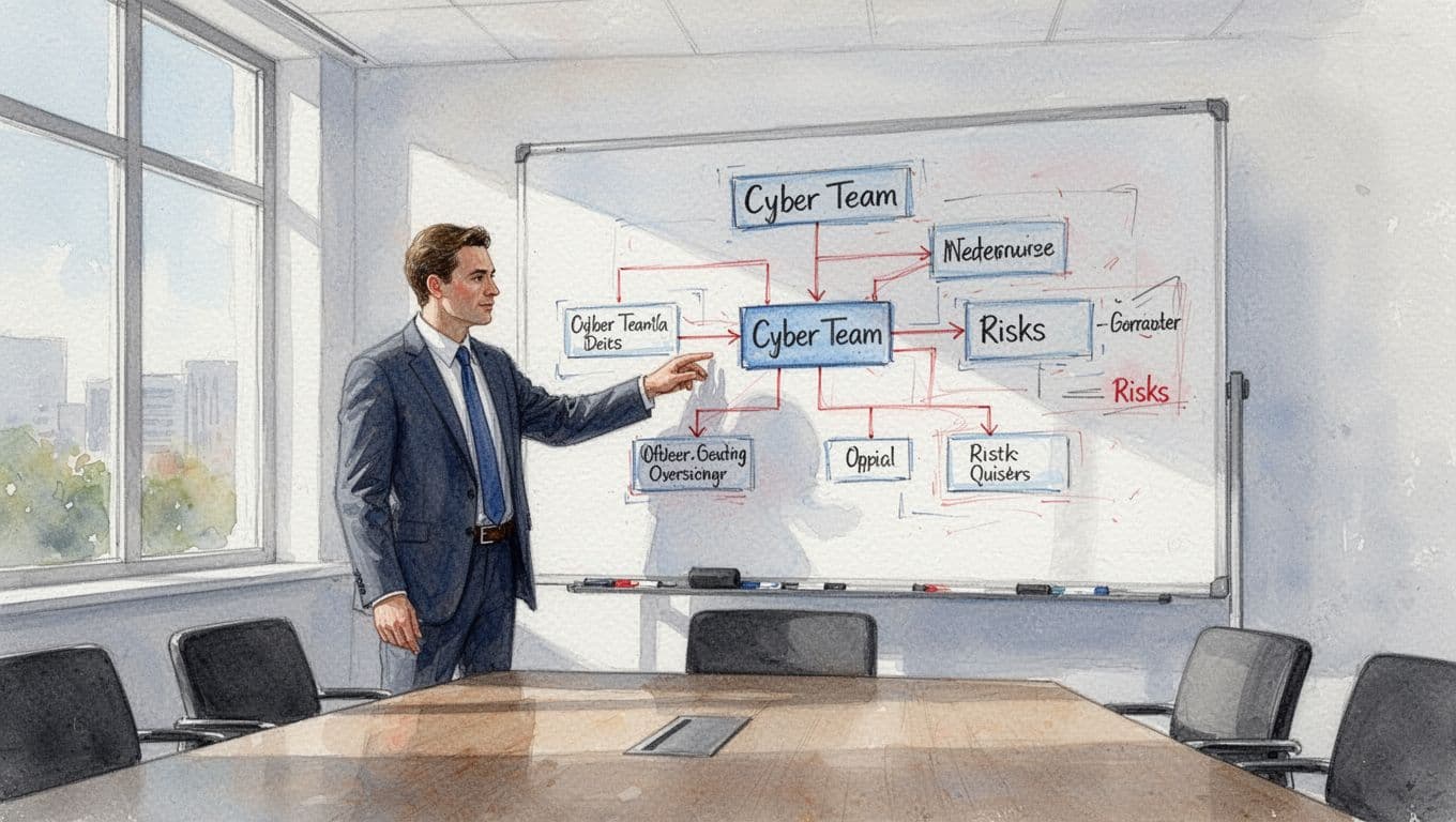 Leader points to simple watercolor organizational chart on conference room whiteboard showing executive oversight over cyber team and risks.
