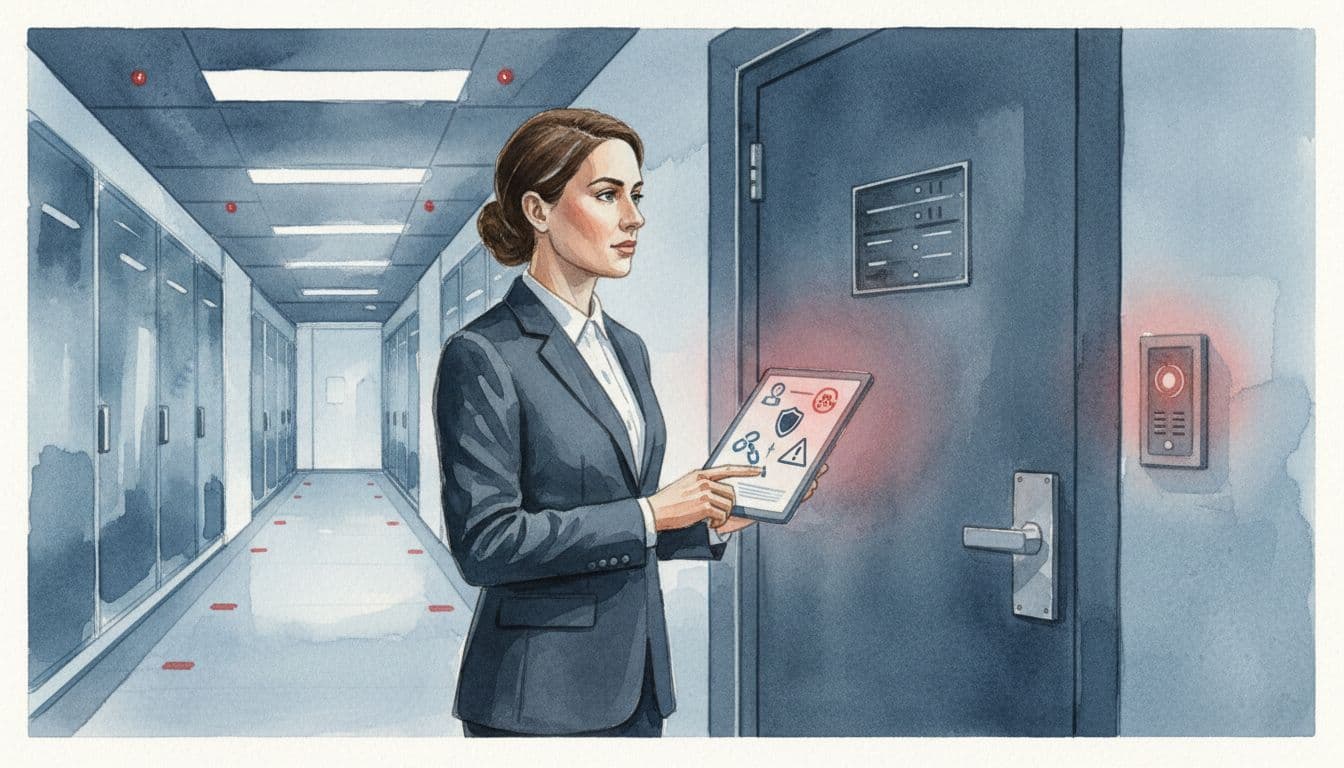 Thoughtful professional holds tablet with risk icons outside glowing server room door in watercolor style.