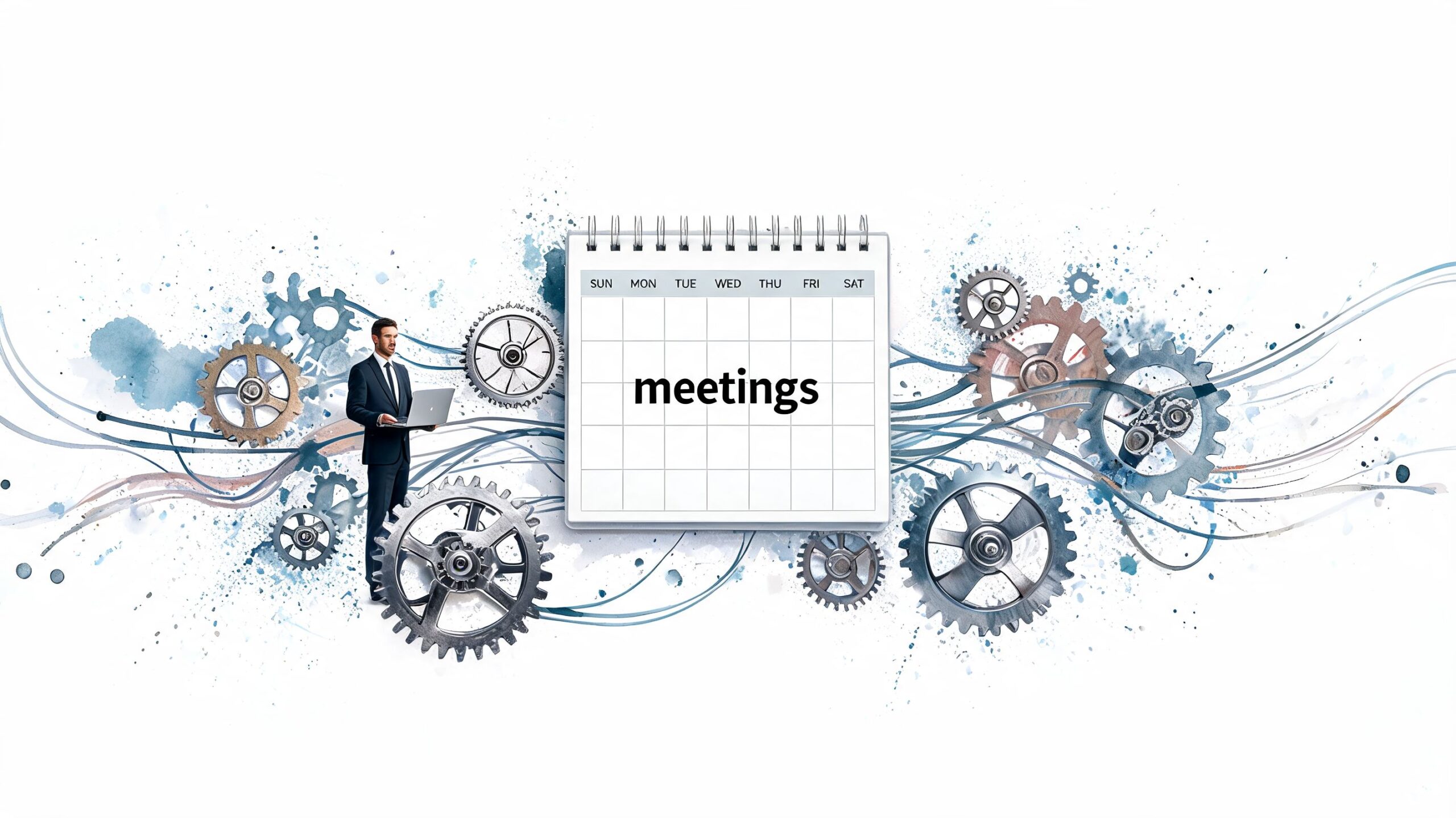 A businessman standing next to a calendar labeled meetings surrounded by gears, symbolizing professional schedule and corporate efficiency.