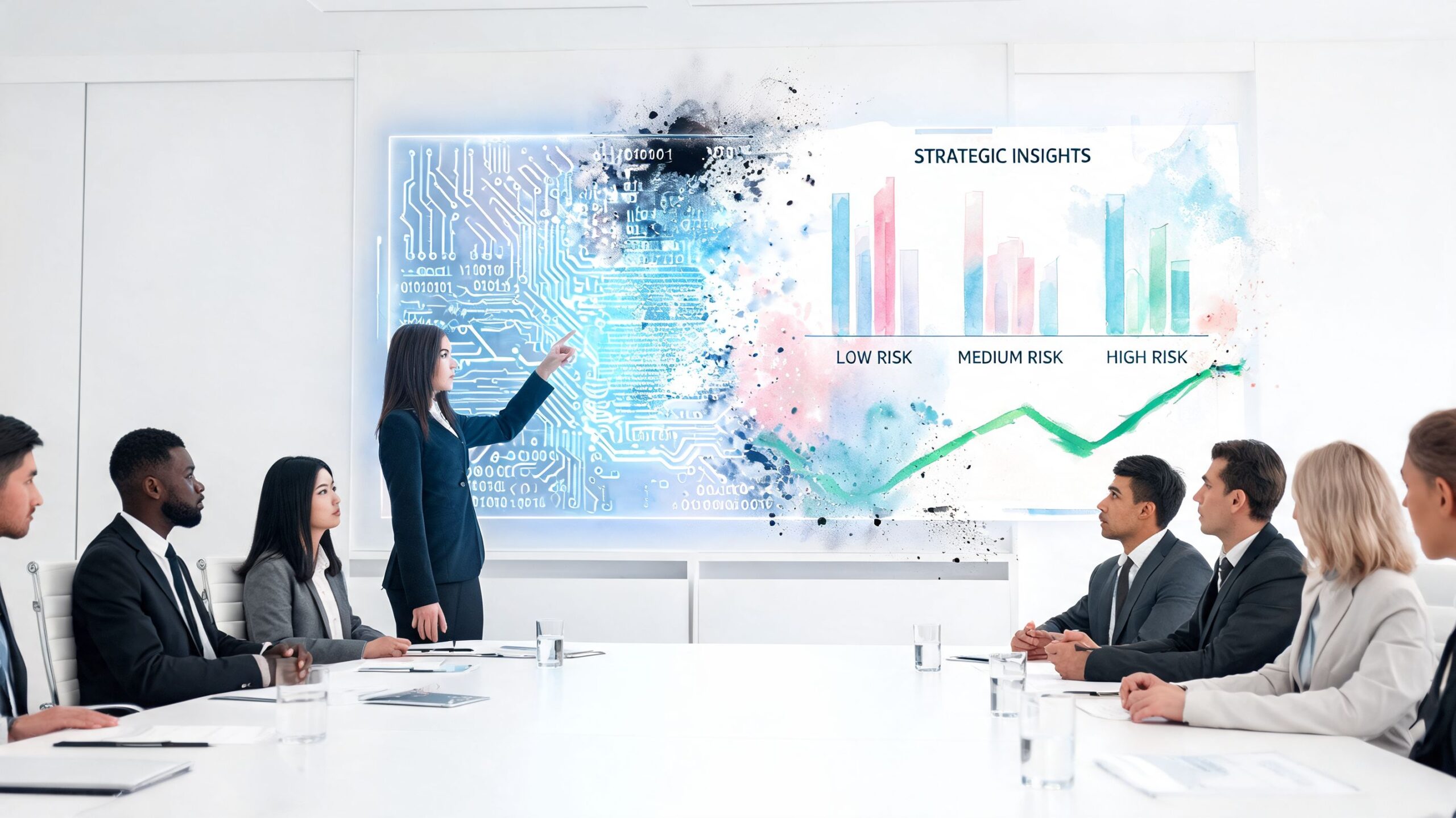 A businesswoman presents digital strategic risk insights to a diverse professional team in a modern conference room.