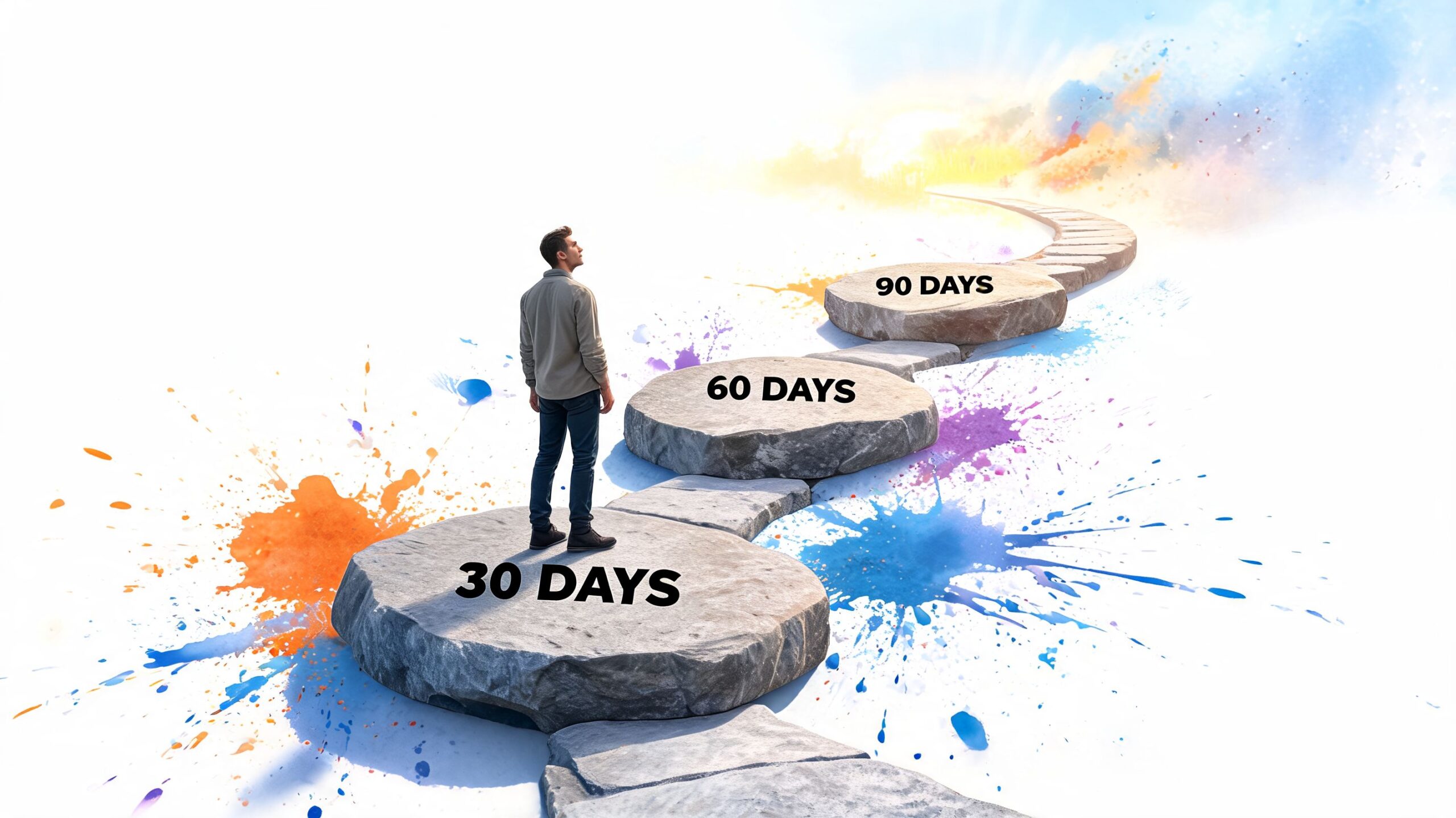 A man standing on a stone path with markers for 30, 60, and 90 days progress.