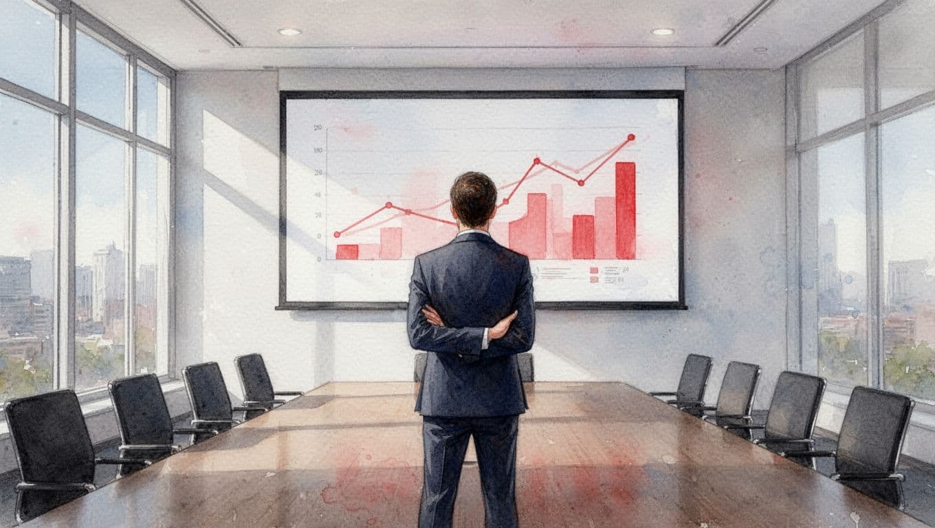 From behind, relaxed leader arms crossed faces large screen with abstract charts for tech spend and risks in modern conference room, watercolor style.