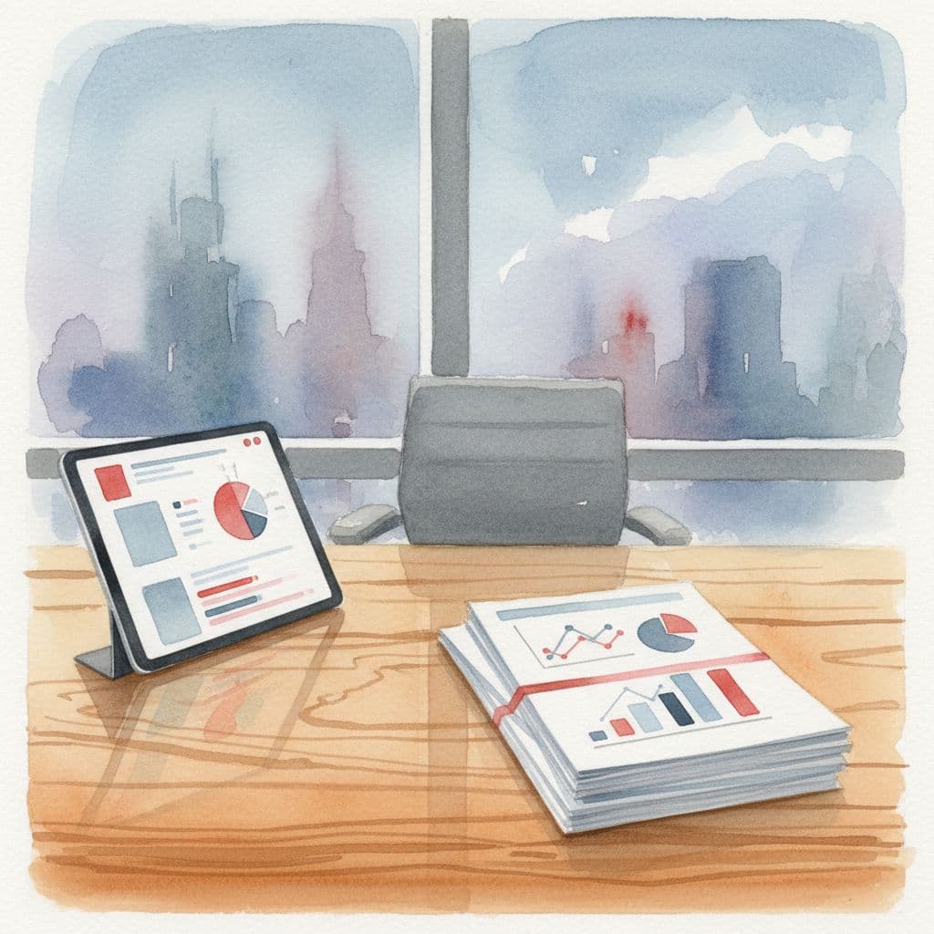 A watercolor desk scene features a tablet and analytical reports with soft red accents.