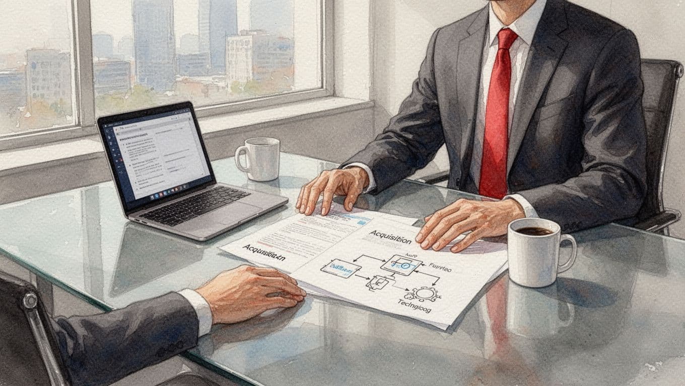 Hands on modern office desk with acquisition documents, tech diagram, laptop, and coffee mug in watercolor style.