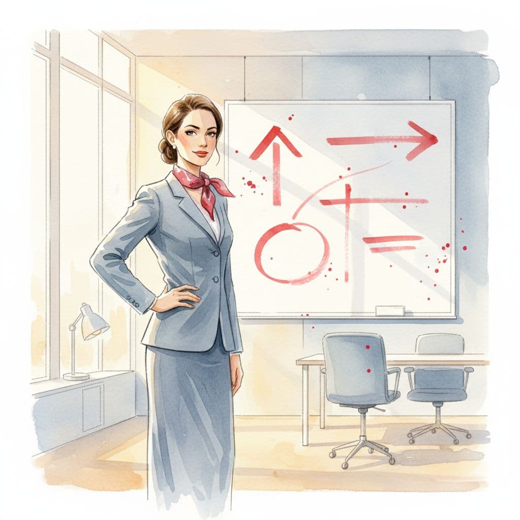 A focused professional in a minimalist office studies a blank whiteboard marked with bold red accents. Soft watercolor brush strokes highlight the calm environment and intentional simplicity of the workspace.