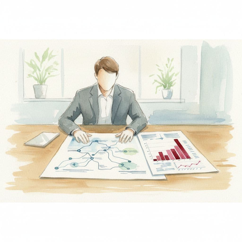 Soft watercolor brush strokes depict an executive reviewing complex financial charts and a technology roadmap on a desk. The paper texture highlights a sharp, bold red accent on the graph.
