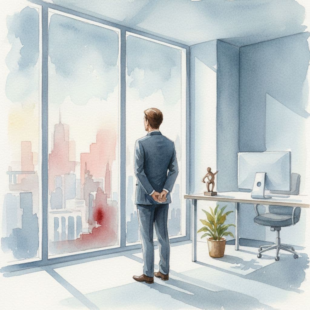 A watercolor-style painting shows a solitary executive standing in a minimalist office looking through a window.