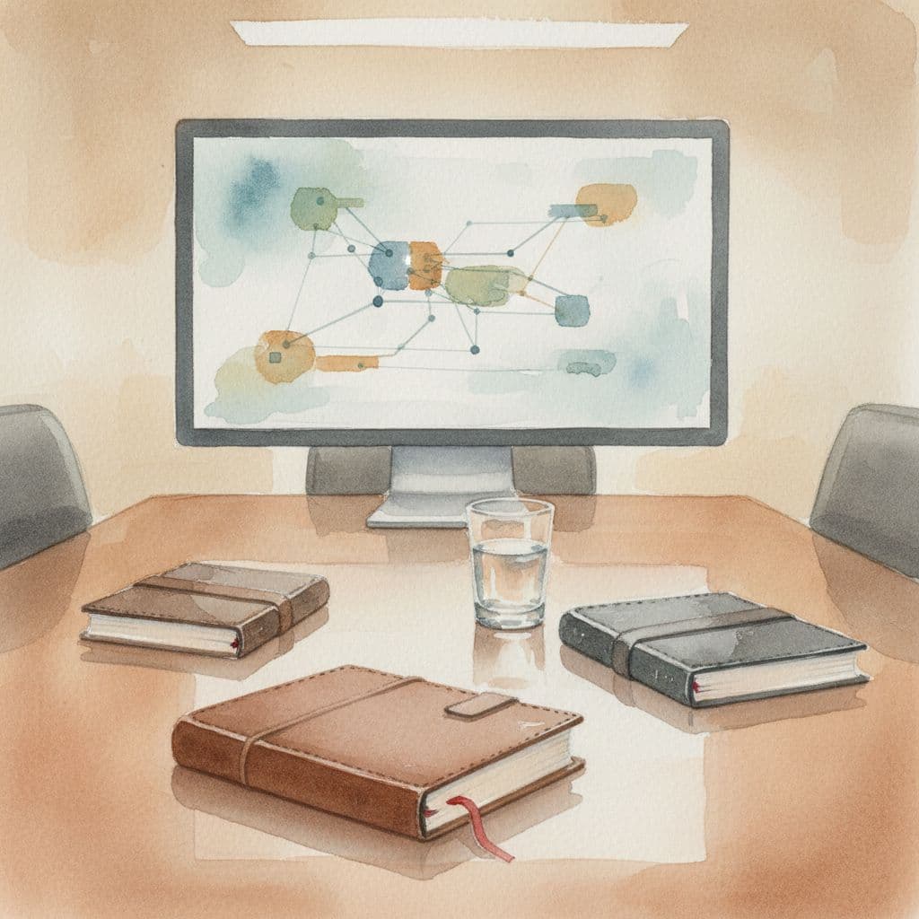 A watercolor table setting features leather journals and a glass of water near a strategy monitor.