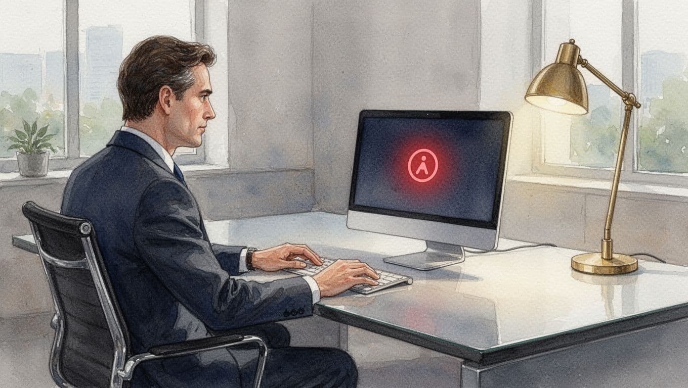 Watercolor of executive at modern desk with laptop showing soft red phishing notification under warm lamp.