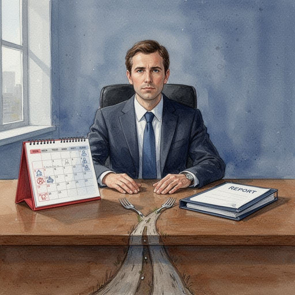 Thoughtful executive at wooden desk with left-side calendar, right-side folder, and subtle path fork on table.