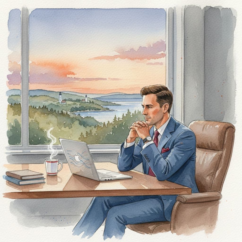 A thoughtful executive sits at a desk with a laptop against a backdrop of the Maine landscape.