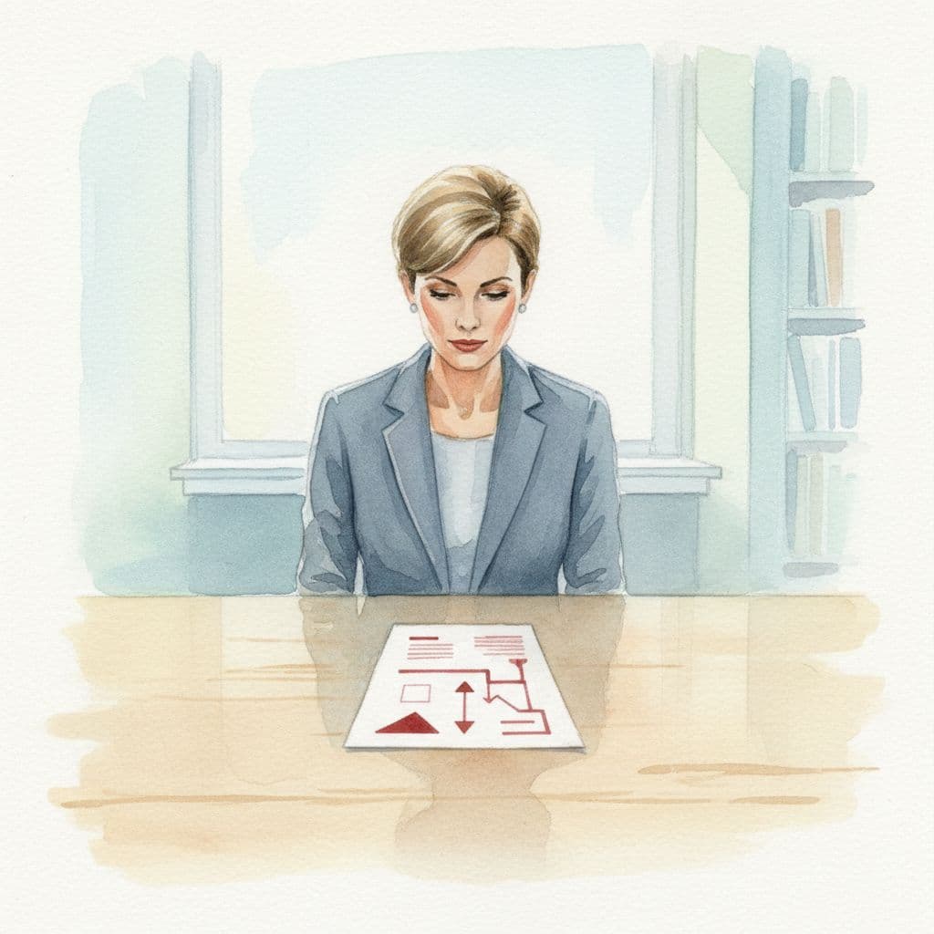 Executive gazes at simple one-page document on wooden desk in quiet office, watercolor style.