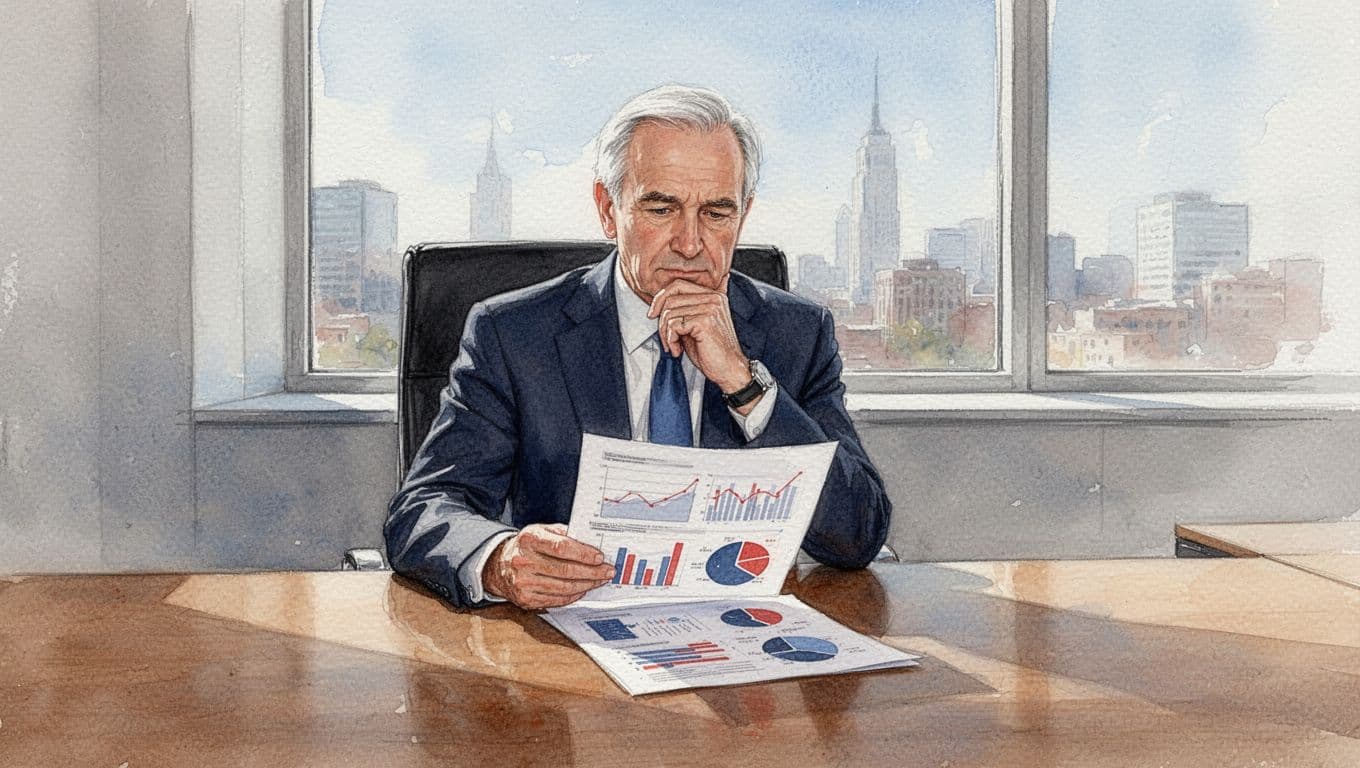 Senior executive at wooden desk reviews printed cybersecurity charts, hand on chin, watercolor style.