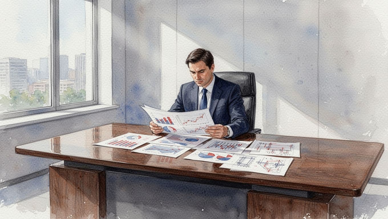 Busy executive at wooden desk examines paper financial charts and tech diagrams in modern office with window light.
