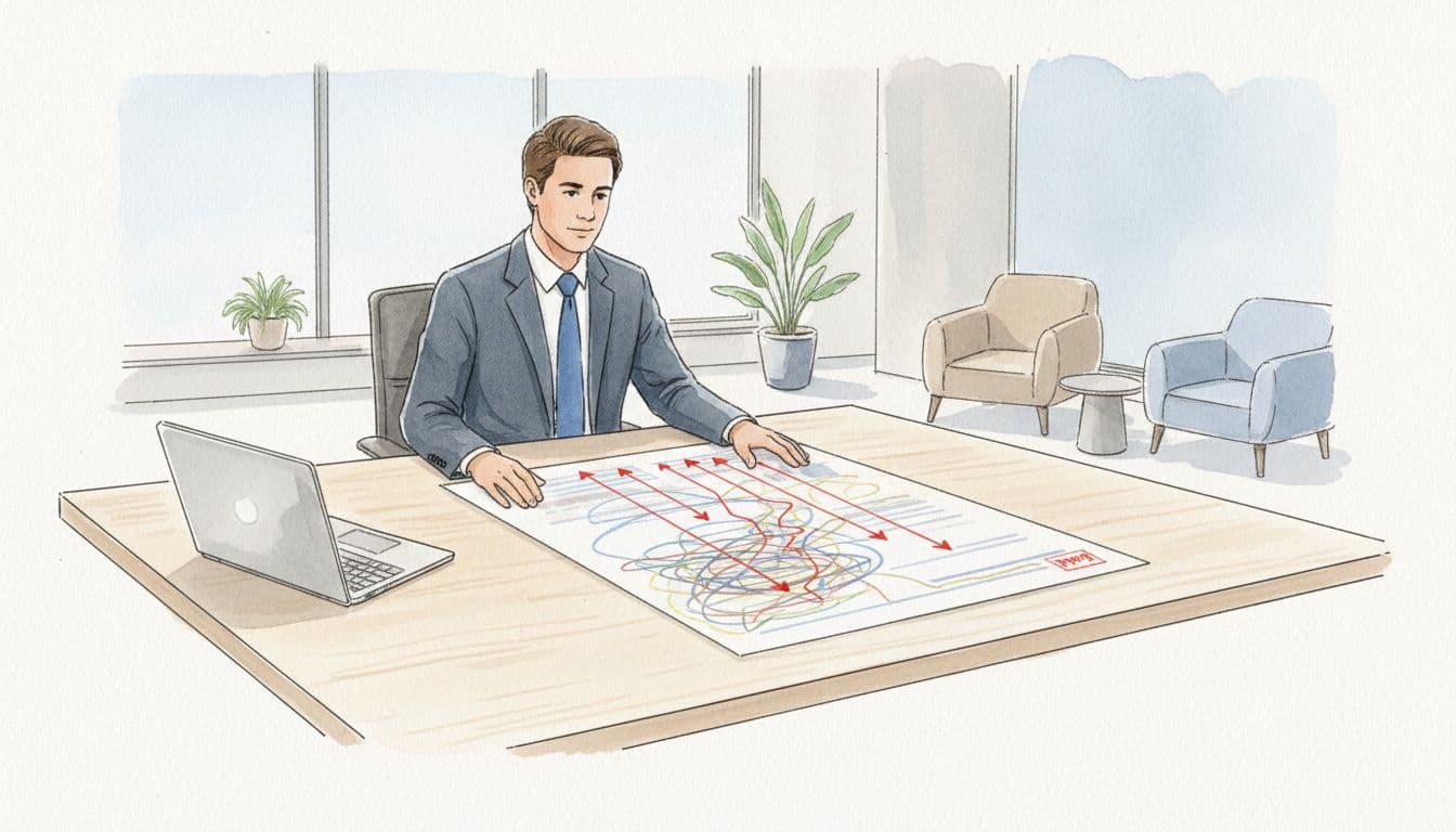 Executive at modern office desk examines roadmap charts aligning chaotic timeline, watercolor style with red accents.