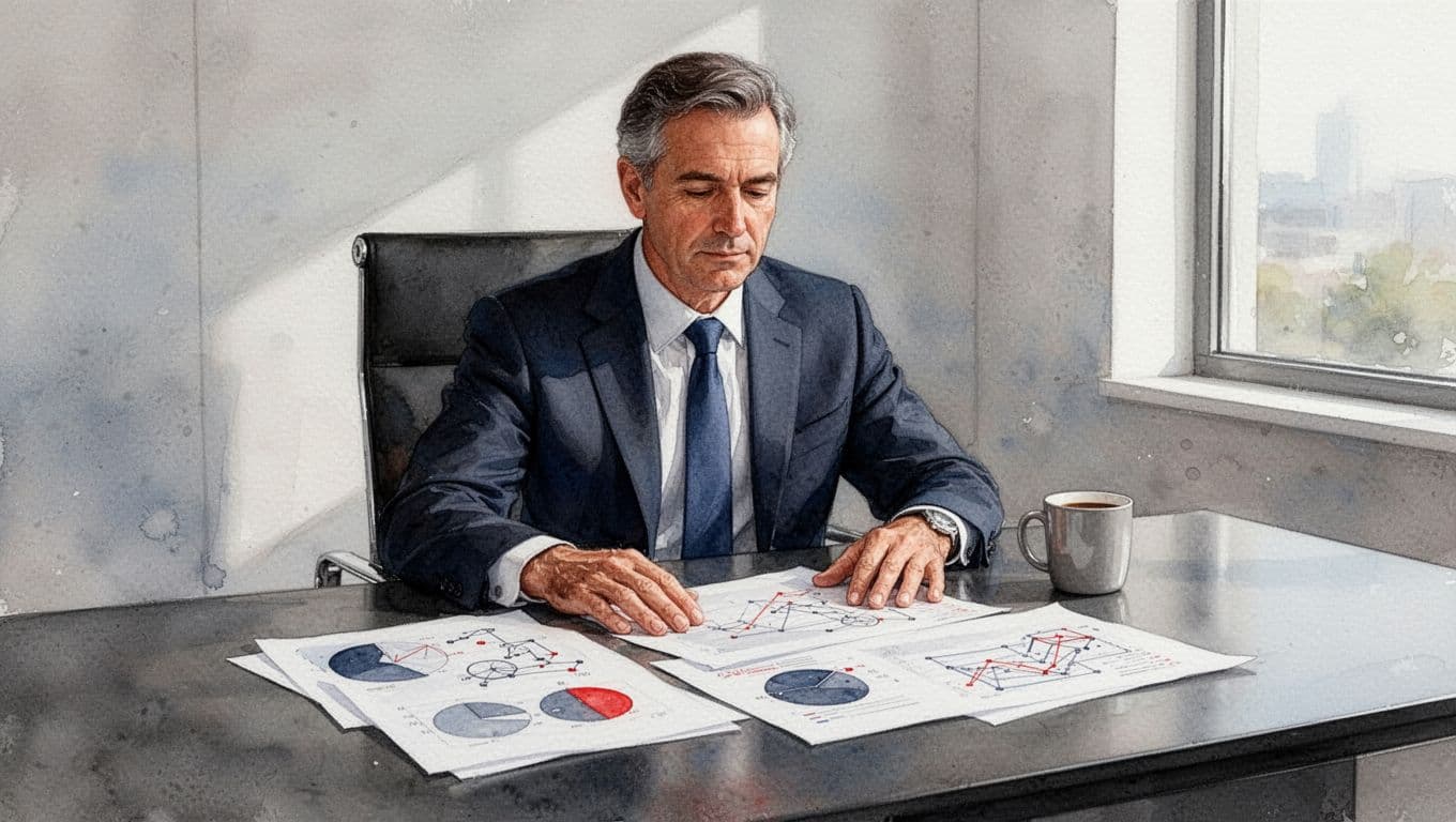 Seasoned advisor at desk examines printed reports, charts, and diagrams with coffee mug nearby.