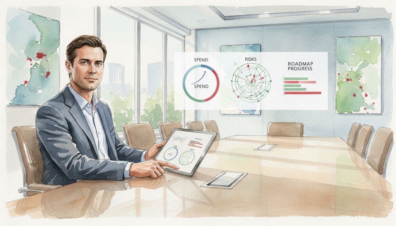 Executive at conference table holds tablet showing spend, risks, and roadmap charts in watercolor style.
