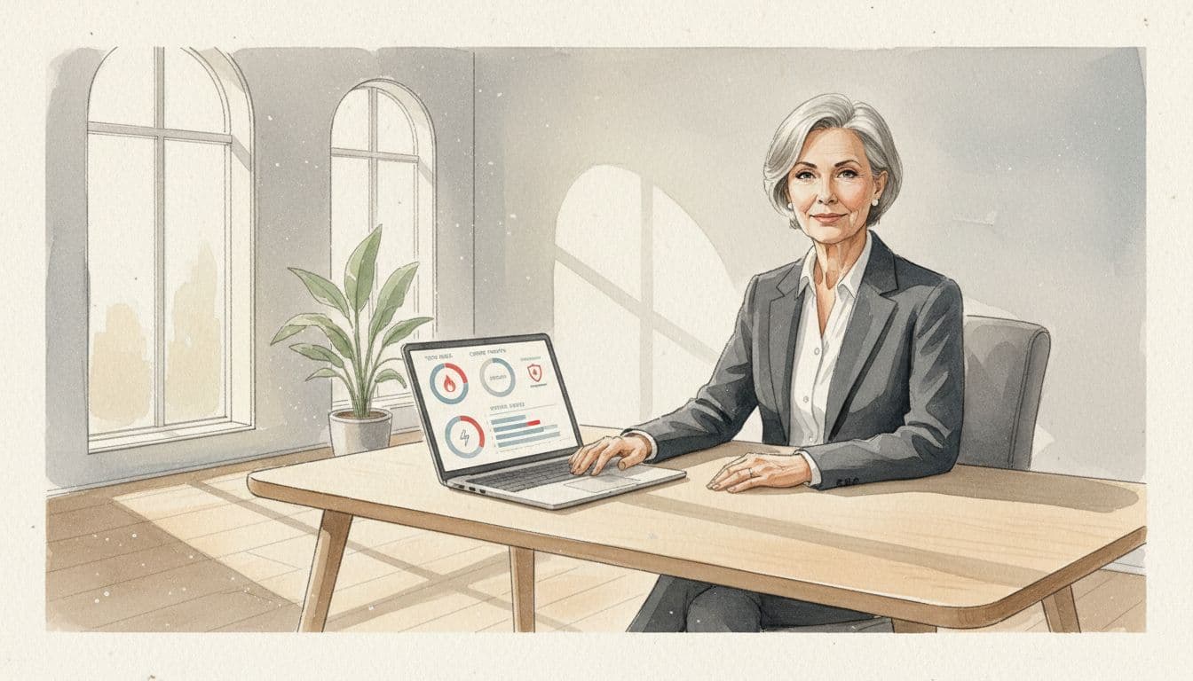 Senior executive at wooden desk reviews laptop dashboard of tech risks and cyber threats in watercolor style.