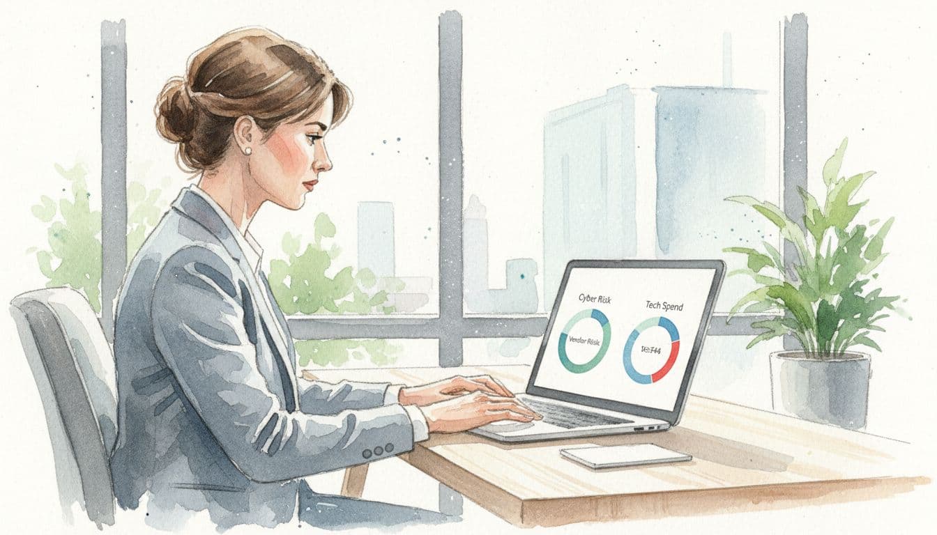Executive at desk examines laptop with cyber risk, vendor risks, and tech spend charts in watercolor style.