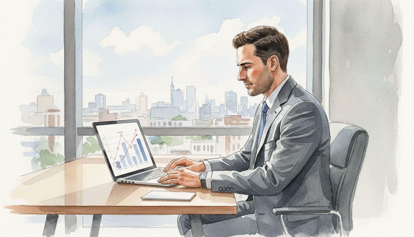 Executive seated at desk in modern office views simple charts of technology roadmap and risks on angled laptop screen, watercolor style.