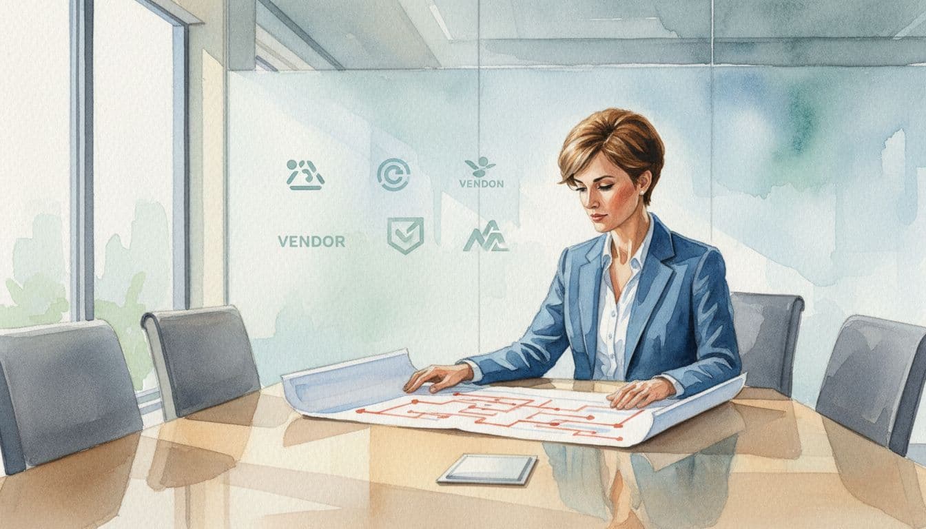 Watercolor painting of a business executive at a conference table studying a technology roadmap with subtle vendor logos in the background.