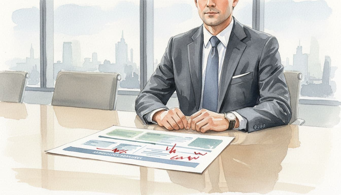 Modern executive in business attire sits at conference table examining one-page technology roadmap in watercolor style with soft brush textures.
