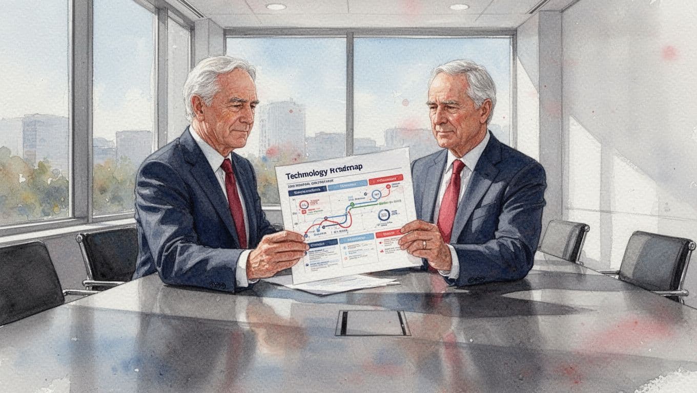 Senior executive in business attire sits at conference table reviewing one-page paper roadmap with timelines and icons, in watercolor style.