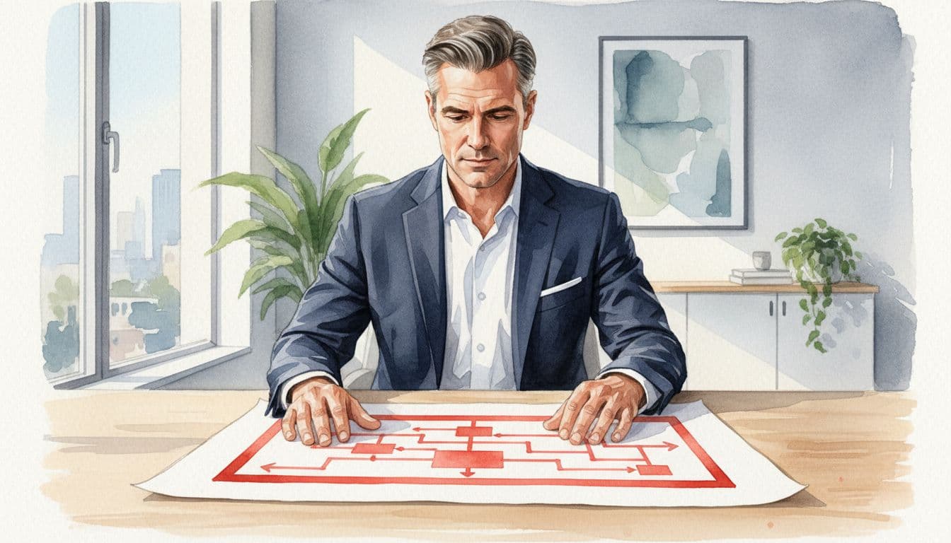 Watercolor of confident executive at desk examining paper technology roadmap with red lines in modern office.