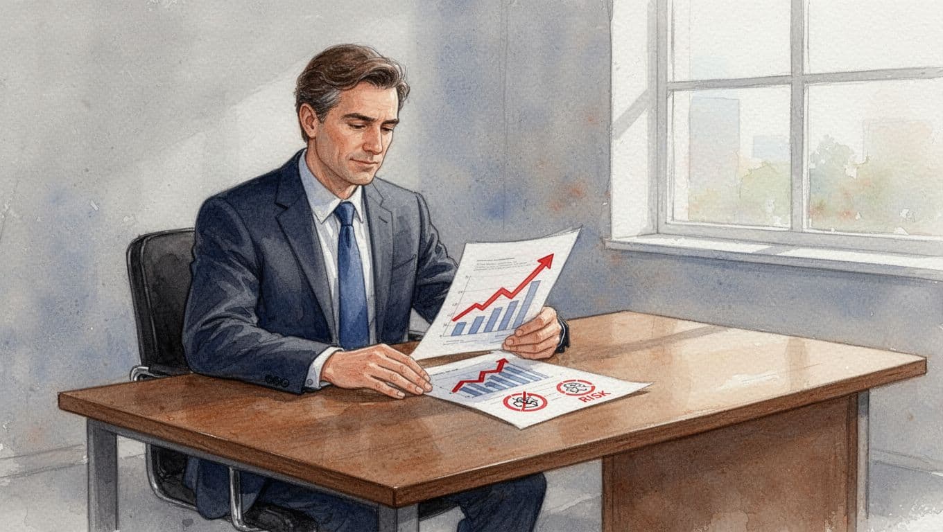 Executive sits at wooden desk in office reviewing one-page tech roadmap with charts and icons.