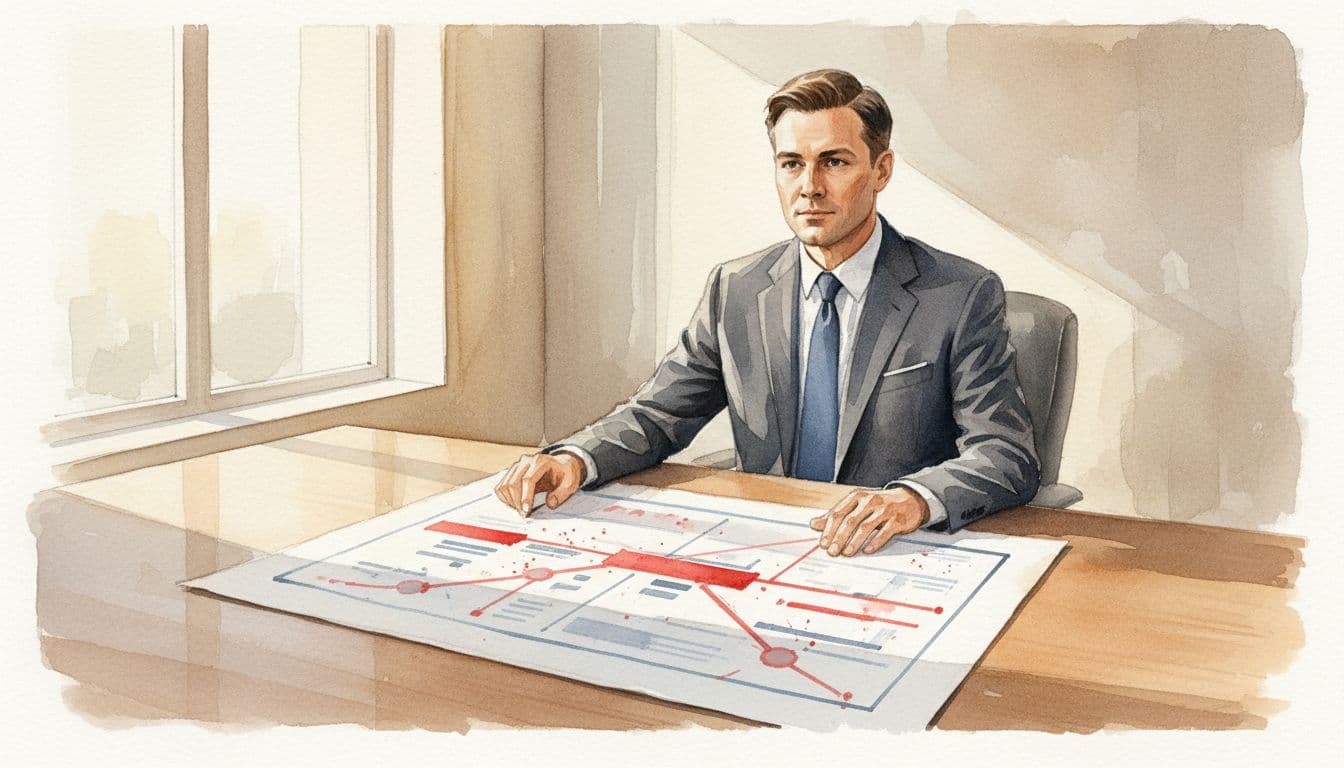 Calm executive examines paper technology roadmap in modern office with soft window light.