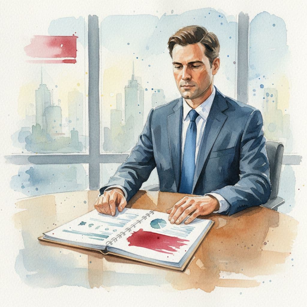 An executive reviews a clear strategy document in a serene watercolor office setting with red accents.
