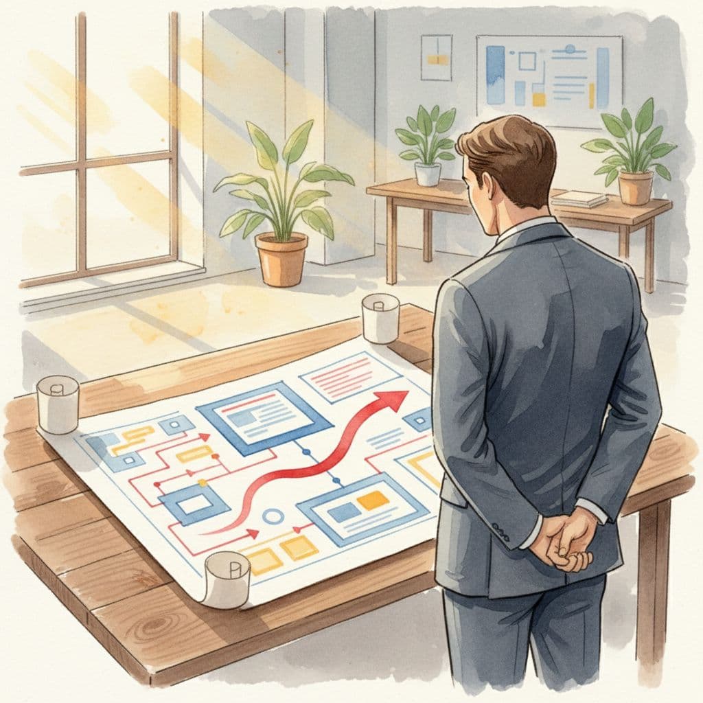 A calm executive studies a minimalist technology map on a wooden desk with soft watercolor textures.