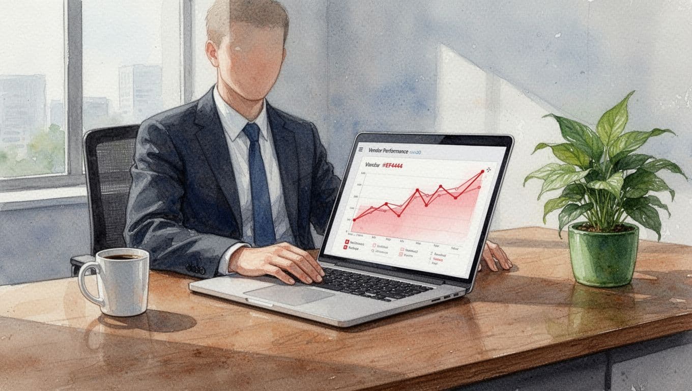 Executive at office desk views angled laptop screen with red-lined performance charts, plants and coffee mug nearby.
