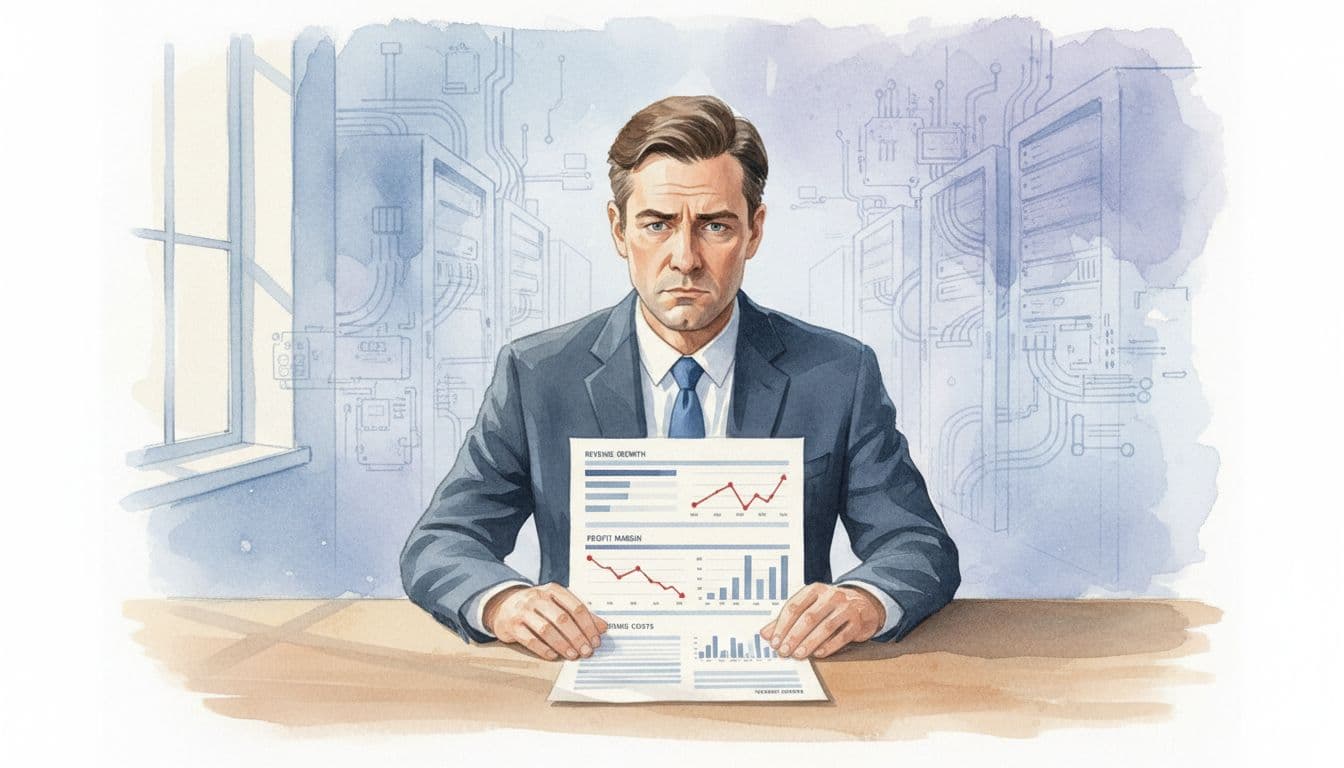 Executive at desk examines one-page dashboard with flat revenue and rising costs, faint tangled code background, watercolor style.