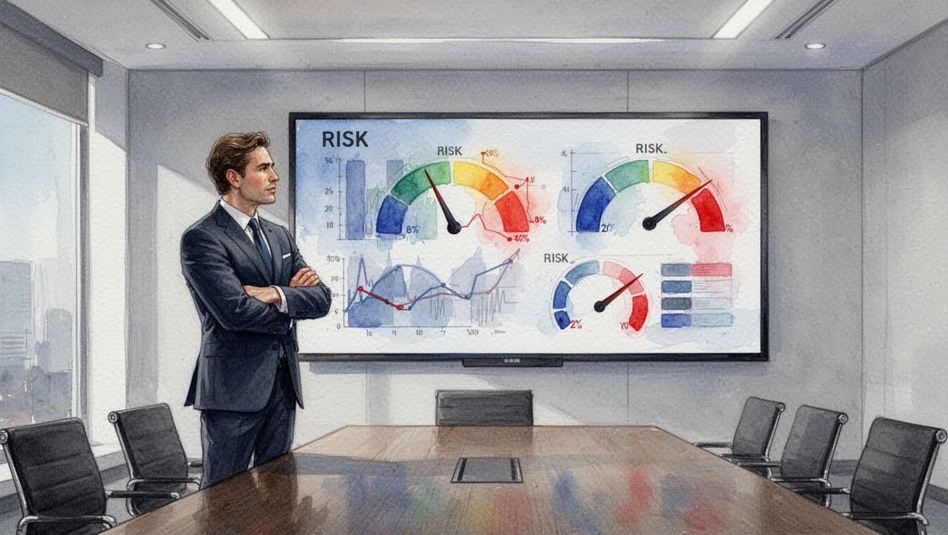 Suited executive arms crossed stands confidently in boardroom facing wall screen with abstract color-coded risk charts in watercolor style.