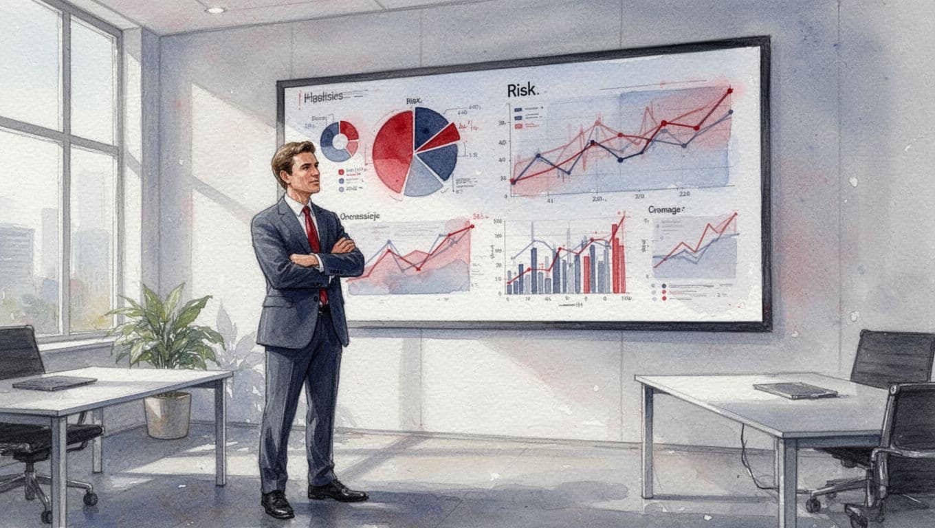 Executive stands arms crossed before wall screen dashboard showing risk charts in office, watercolor style.