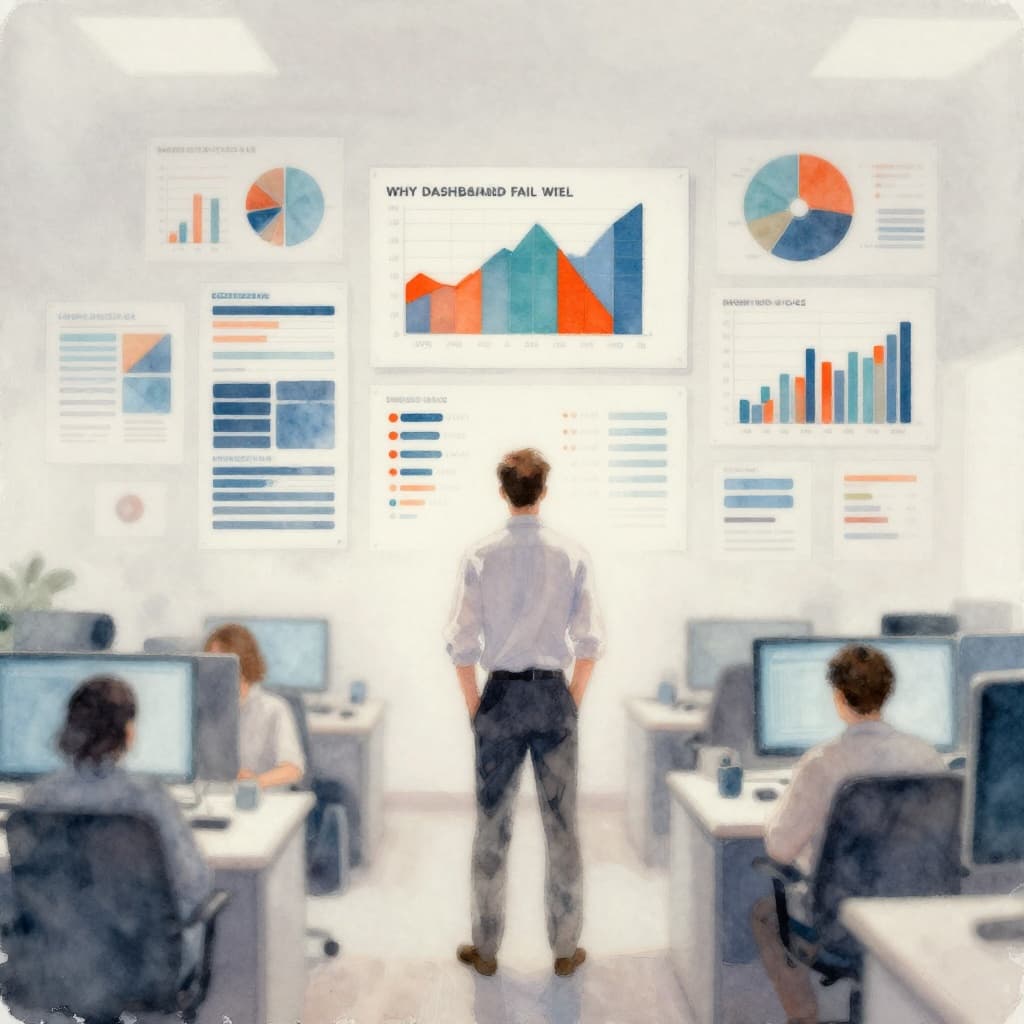 A watercolor painting shows an executive staring at a wall of misaligned, confusing monitors in a dimly lit office.