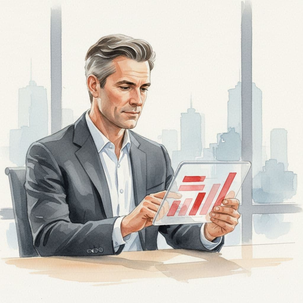 Executive in modern office looks at tablet displaying red and white bar chart in watercolor style.
