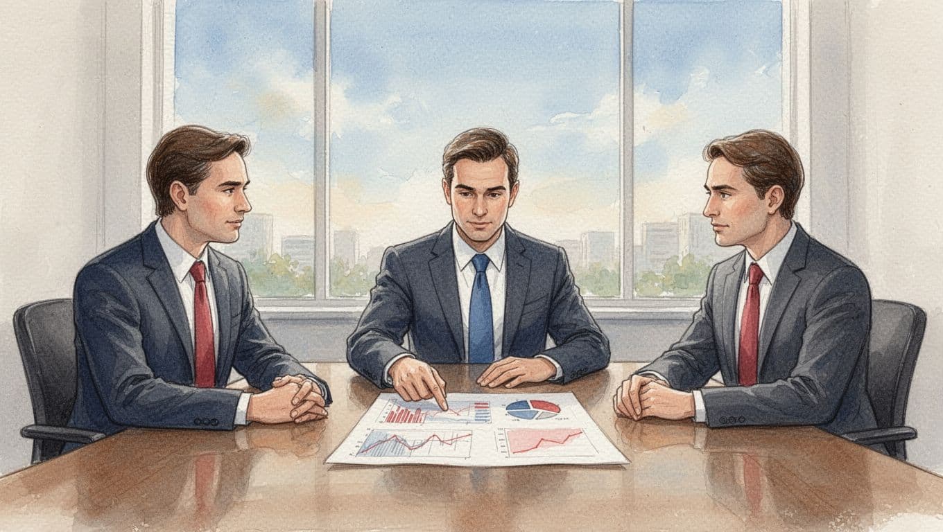 Three executives around boardroom table discuss charts with red accents, CEO points to document, window view and soft daylight in watercolor style.