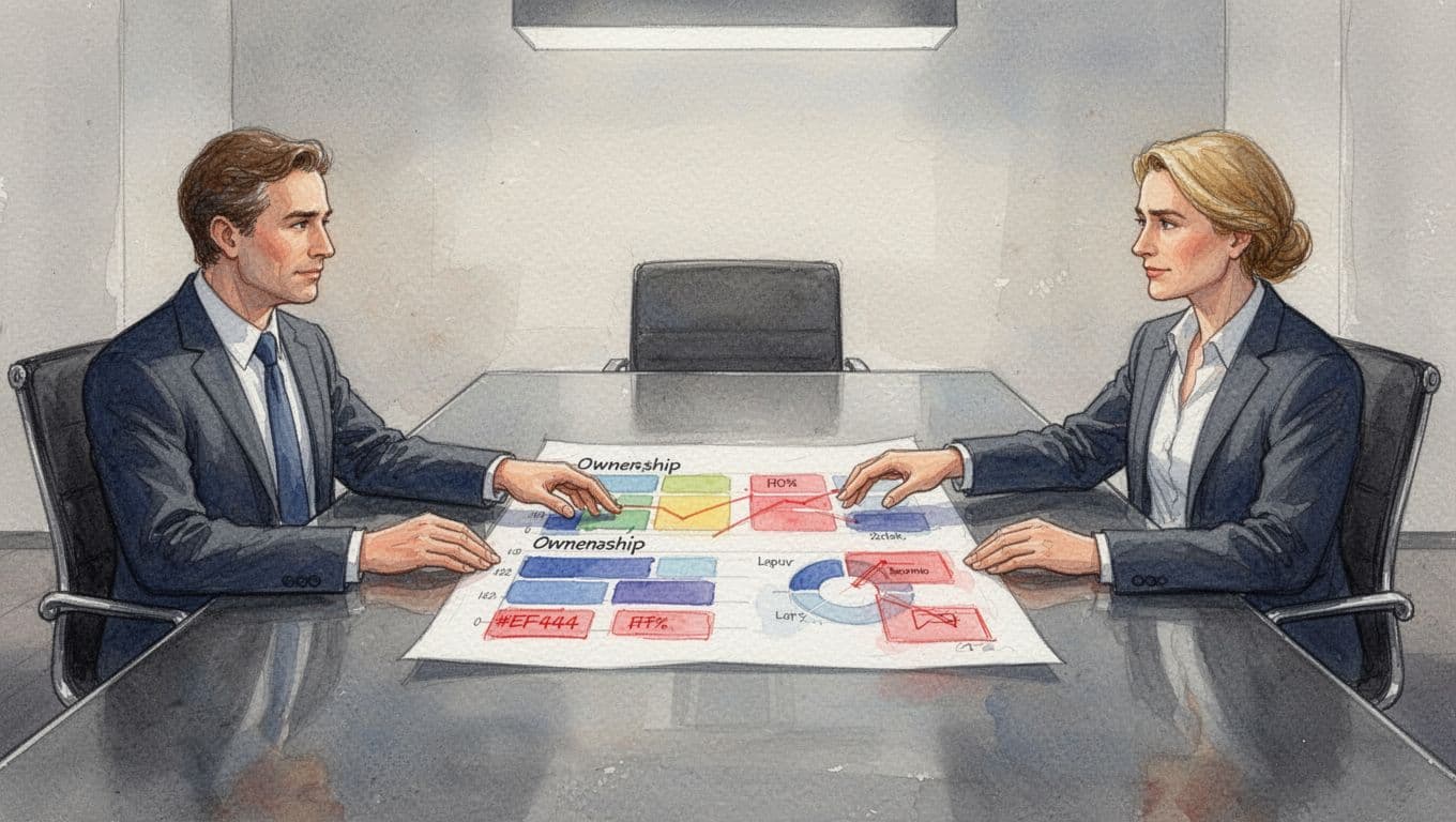 Three executives around a table point relaxed hands at centered ownership chart in simple office room, watercolor style.